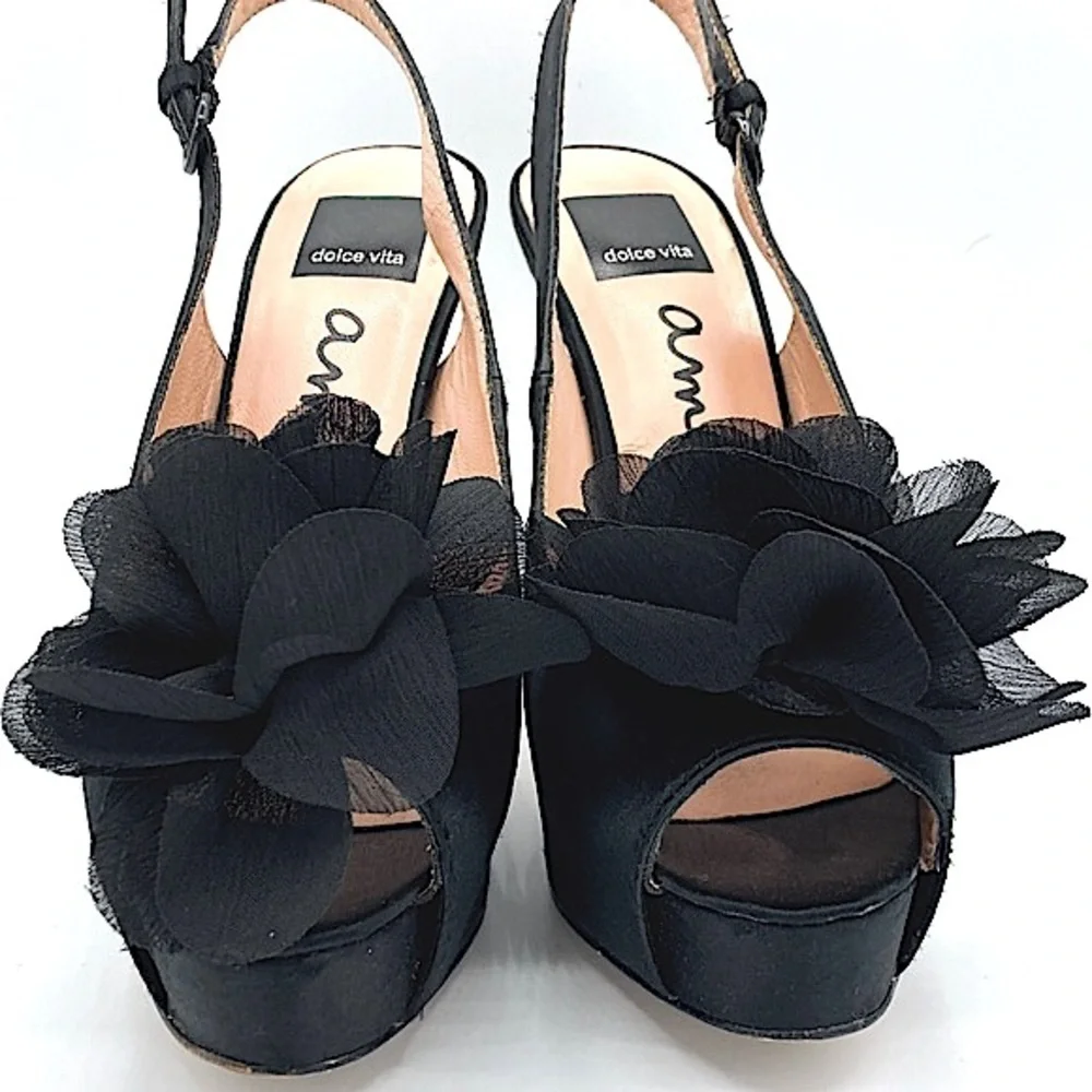 Dolce Vita “Bess” Black Platform Heels with Sheer Petals Embellishment, size 8.5